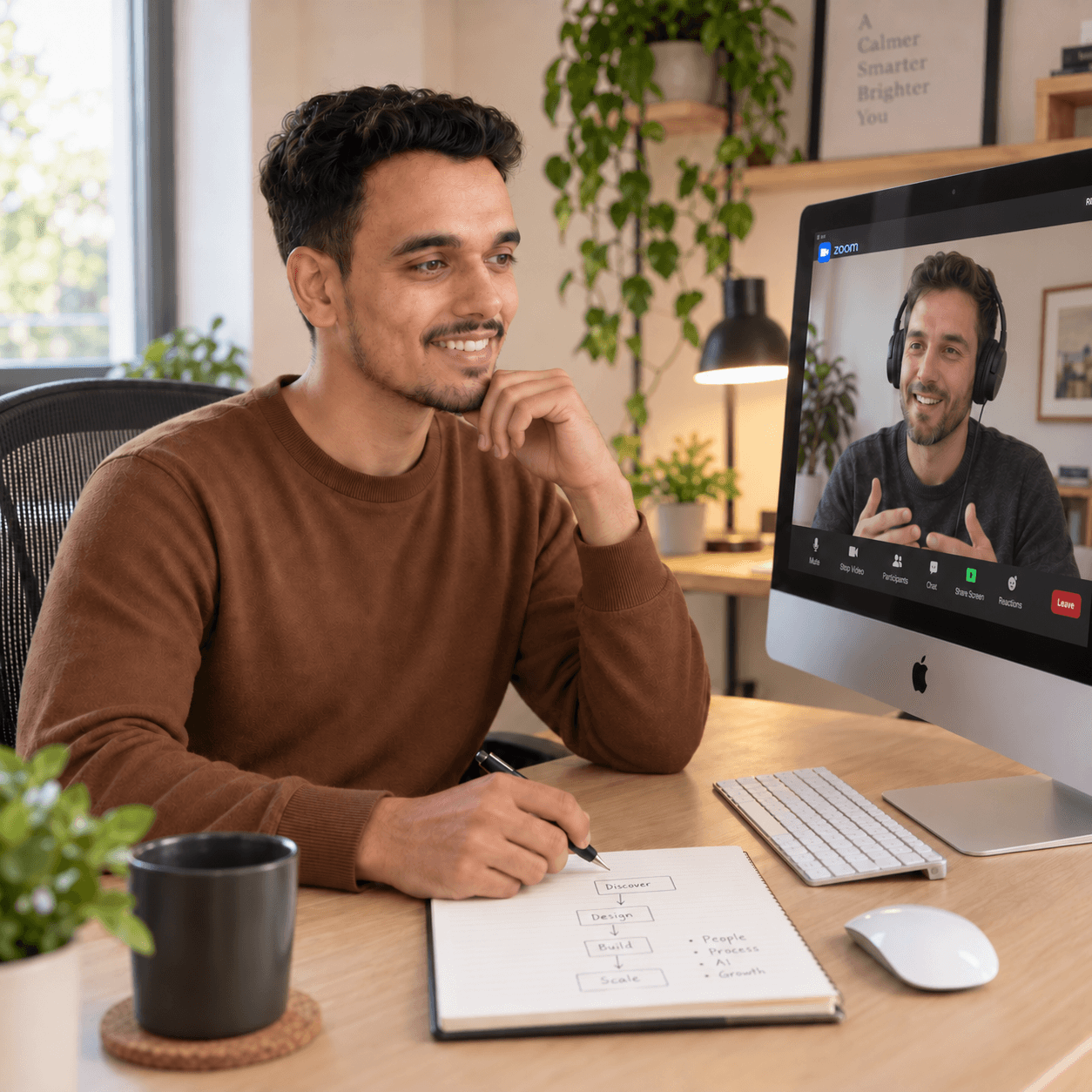 A consultant discussing a business workflow over a video call.