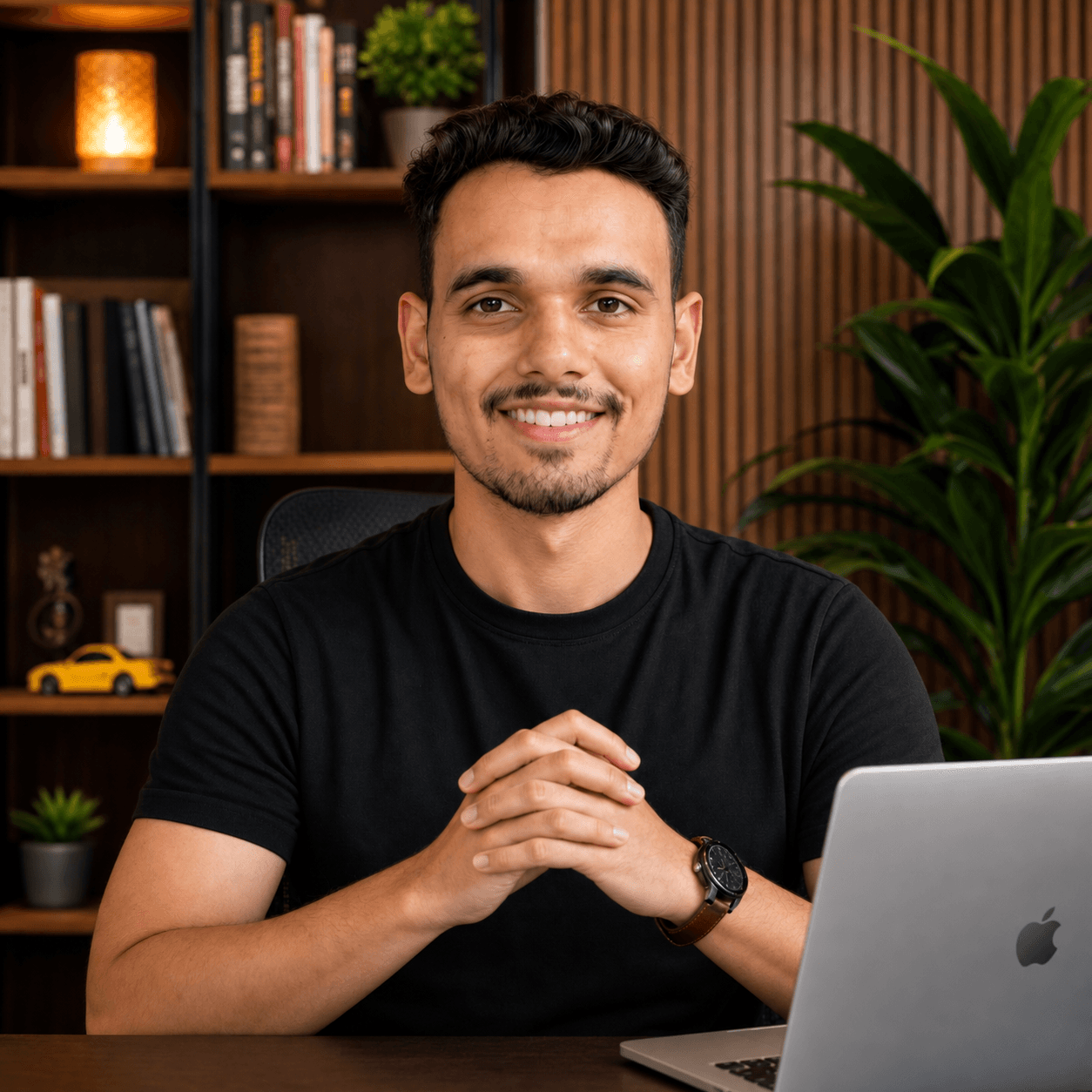 Dilip Agrawat at his desk with a laptop, smiling